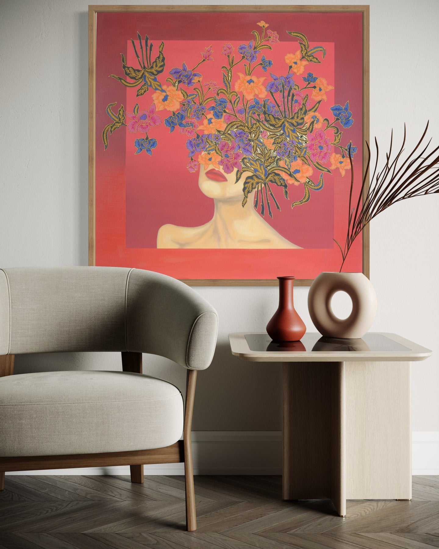 A Batik Collage painting by Sharifah Bahiyah in a lounge setting