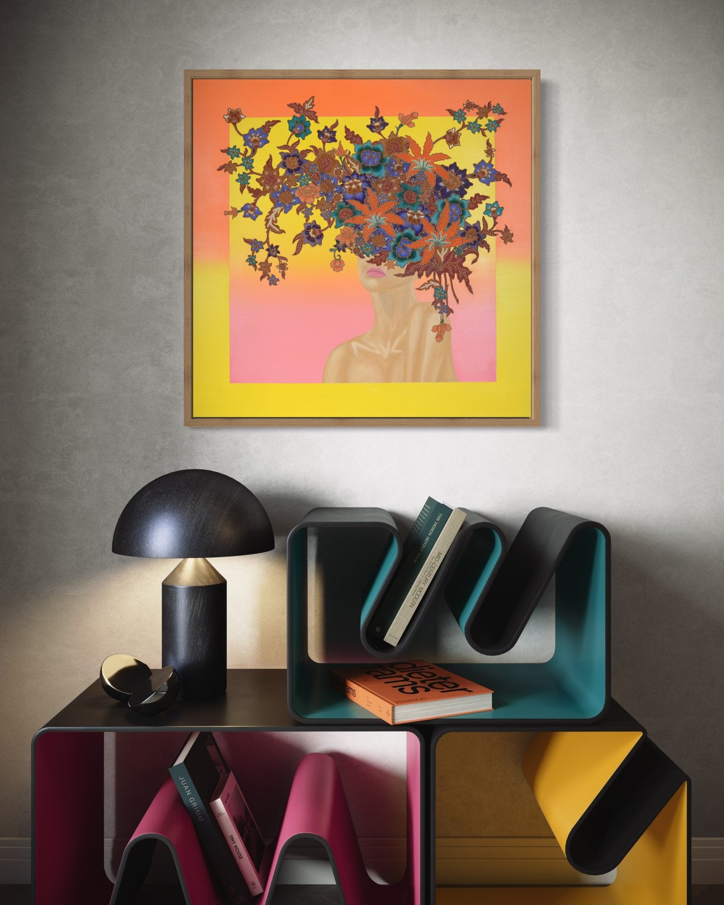 A Batik Collage painting by Sharifah Bahiyah in a styled interior